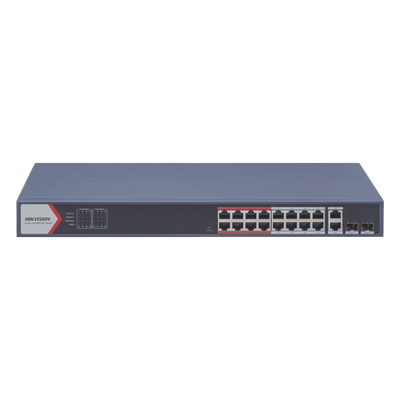HIKVISION DS-3E1318P-EI(B) - Switch PoE+ / 16 Puertos 10/100 Mbps / 2 Puertos Gigabit Uplink / 2 Puertos SFP / Alcance Extendido 300 m | SIERRA STORE