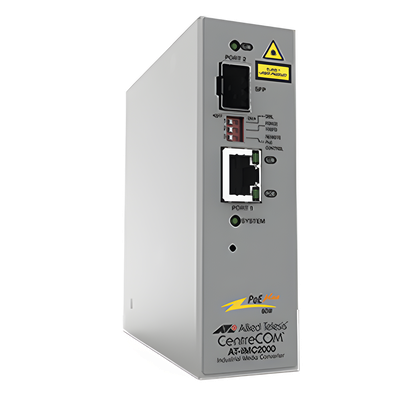 Convertidor de medios industrial PoE+ / 10/100/1000T a 100/1000X SFP / -40°C a 75°C / IP-30 / Sin ventilador / 70W PoE++ | SIERRA STORE