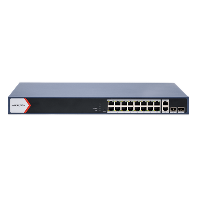 HIKVISION DS-3E1520P-EI/M - Switch PoE+ Monitoreable / 16 Puertos Gigabit / 2 Uplink / 2 SFP / Alcance Extendido 300 m / 984 pies / | SIERRA STORE
