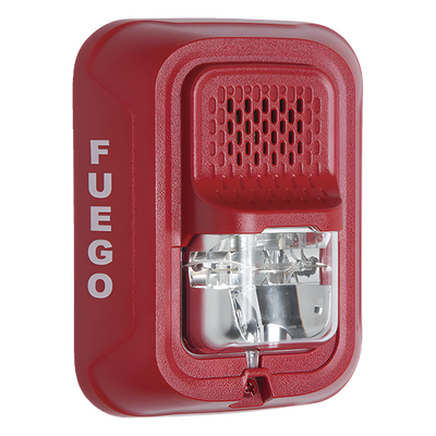 Sirena con estroboscopio / 2 hilos / 12-24 Vcd / candela 15 a 185 seleccionable / rojo con leyenda FUEGO / Serie L | SIERRA STORE