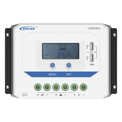 Controlador de Carga Solar PWM / 60A / Auto 12/24/36/48V / Pantalla LCD / USB Dual 5V 2.4A / Tierra Positivo Común | SIERRA STORE