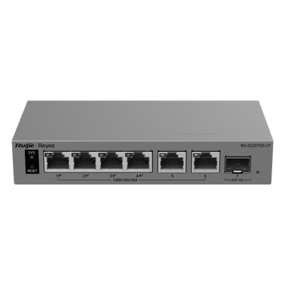 Switch Gigabit Smart Cloud / 7 Puertos / 4 PoE+ 40 W / 1 SFP Uplink / Capa 2 / Protección 6 kV / Fanless | SIERRA STORE