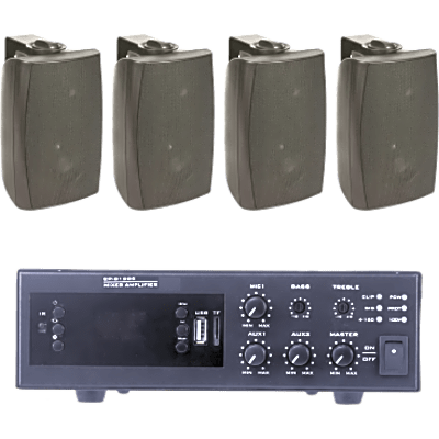 KIT de Amplificador de 120W para Escritorio | 4 Altavoces de Pared color Negro 2.5W - 20W | Sistema 70/100V | SIERRA STORE