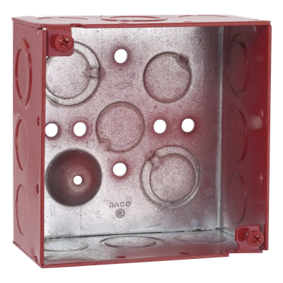 Caja Cuadrada Galvanizada  de 4" /Profundidad de 2 1/8" / Cuenta con 11 KO de 1/2" y 6 TKO (1/2" - 3/4")/ Color Rojo. | SIERRA STORE