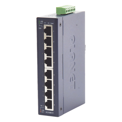 Switch Industrial No Administrable / 8 Puertos Gigabit 10/100/1000T / IP30 / Riel DIN y Pared / -40 a 75°C / 12-48 VDC | SIERRA STORE