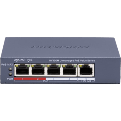 HIKVISION DS-3E0105P-E/M(C) - Switch PoE No Administrable / 4 Puertos 10/100 Mbps PoE / 1 Puerto 10/100 Mbps Uplink / Modo Extendido | SIERRA STORE