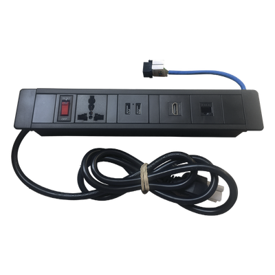 Hub para escritorio color negro,  con 1 Puerto HDMI Hembra-Hembra, 1 Conector RJ45 Cat6, 2 Puertos USB 5V DC /2 A, y 1 Contacto | SIERRA STORE