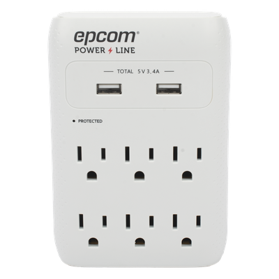 Multicontacto de Pared / 6 Salidas NEMA 5-15R / Supresor de Picos 1080 J / 2 x USB-A 5V/3.4A / 1800W / Filtro EMI/RFI 40 dB | SIERRA STORE