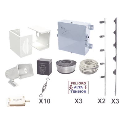 Kit de Cerco Eléctrico Perimetral / 25 m (82 ft) / 12,000V / Consumo 1.2 kW/mes / Tecnología SMT / Respaldo con Batería | SIERRA STORE