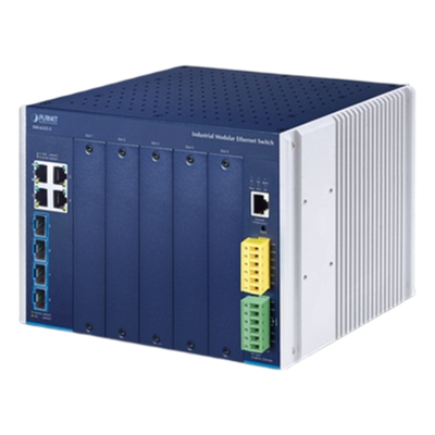 Switch Modular Industrial Capa 3 / 5 Slots / 4 Puertos Gigabit RJ45 / 4 Puertos SFP+ 10G / Rango -40~75°C / Entrada 12-48V / IPv6/IPv4 | SIERRA STORE