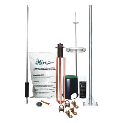 Kit de Pararrayo Dipolo Corona / Ángulo de Protección 72° / Mástil 1.2 m (3.9 ft) / Electrodo 45A / Mejorador de Suelo 11 kg / Base | SIERRA STORE