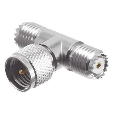 Adaptador en T de Conector Mini-UHF Macho a Doble Mini-UHF Hembra, Níquel/ Plata/ Teflón. | SIERRA STORE