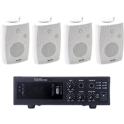 KIT de Amplificador de 120W para Escritorio | 4 Altavoces de Pared color Blanco 2.5W - 20W | Sistema 70/100V | SIERRA STORE