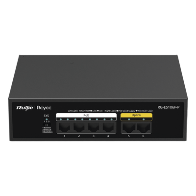 Switch PoE+ / 6 Puertos 10/100 Mbps / 54W PoE Total / No Administrable / Sin Ventilador | SIERRA STORE