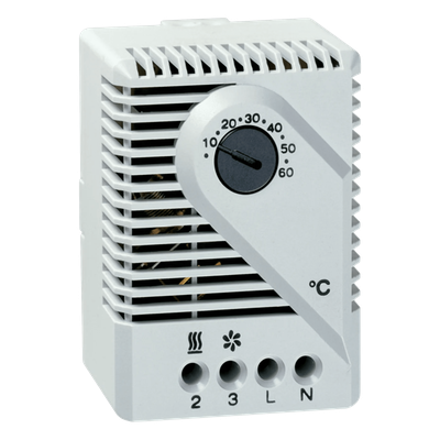 Termostato Mecánico para Gabinetes / 115V AC / Rango 10°C a 60°C / Montaje Riel DIN 35 mm / Contacto Snap-Action / Gris Claro RAL 7035 | SIERRA STORE