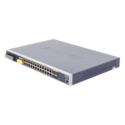 Switch PoE Industrial Capa 3 / 24 Puertos Gigabit 802.3af/at / 4 SFP Compartidos 100/1000X / Rango de Temperatura -40 ~ 75°C / Gestión | SIERRA STORE