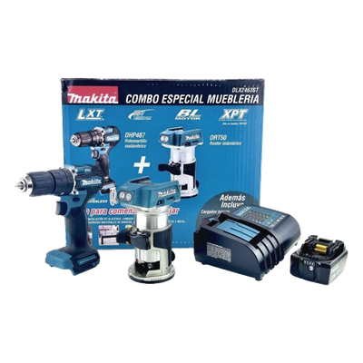kit de Rotomartilló DHP487 +Fresadora Multifuncional DRT50, Incluye 1 Cargador Rápido DC18SD y 1 Batería li-Ion de 5.0 Ah Modelo | SIERRA STORE