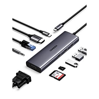 Hub USB-C 10 en 1 / HDMI 4K@30Hz + VGA 1920x1200 / 3x USB 3.0 5Gbps / Ethernet Gigabit / SD/TF Card Reader / PD 100W / Aud...