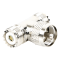 Adaptador RF en T / UHF Macho PL-259 a Doble UHF Hembra SO-239 / 50 Ohm / Níquel-Plata / Delrin | SIERRA STORE