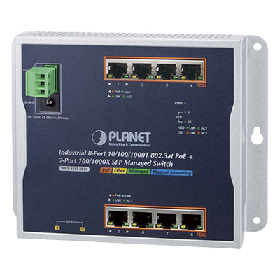 Switch Industrial PoE Administrable de Pared / 8 Puertos Gigabit PoE 802.3at / 2 Puertos SFP 100/1000X / Presupuesto PoE 200W / | SIERRA STORE