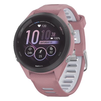 Forerunner® 265S, Bisel negro con carcasa en rosa y correa de silicona en rosa/gris | SIERRA STORE