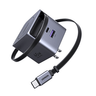 Cargador Rápido UGREEN 45W GaN / Cable Retráctil 0.7m / 3 Puertos USB-C + USB-A / Tecnología GaNInfinity 95% Eficiencia / ...