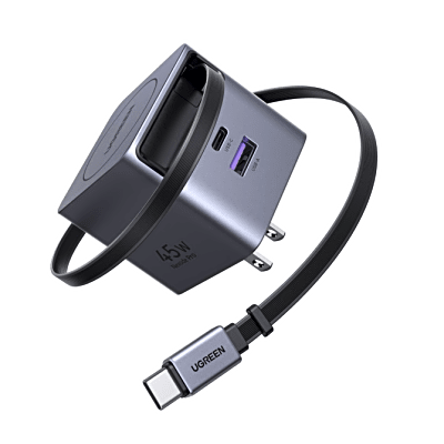 Cargador Rápido UGREEN 45W GaN / Cable Retráctil 0.7m / 3 Puertos USB-C + USB-A / Tecnología GaNInfinity 95% Eficiencia / ...