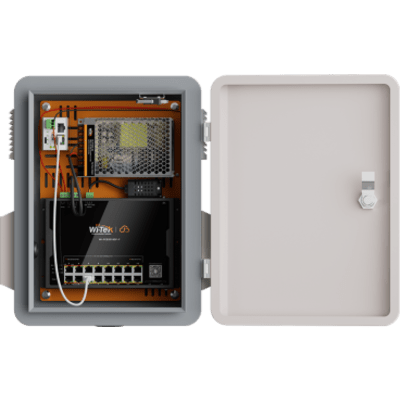 Gabinete todo en uno, protección IP55, switch PoE++ 90W BT, 16 puertos Gigabit, 2 SFP, 20 Gbps, sensores: temperatura, humedad y relay | SIERRA STORE