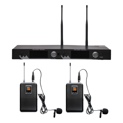 Kit de Micrófonía Inalámbrica UHF / 2 Micrófonos Lavalier / 200 Canales / Alcance 100 m (328 ft) / 15 Horas de Batería / Pantalla LCD | SIERRA STORE