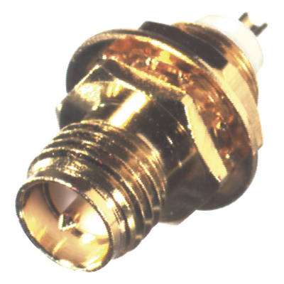 Conector SMA Hembra Inverso / Montaje Frontal Panel / D-Plano / Soldable / Bronce Oro / Teflón | SIERRA STORE