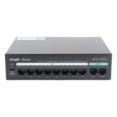 Switch PoE+ No Administrable / 8 Puertos PoE+ 10/100 / 2 Uplinks Gigabit / 110 W / Sin Ventilador / Protección 4 kV | SIERRA STORE