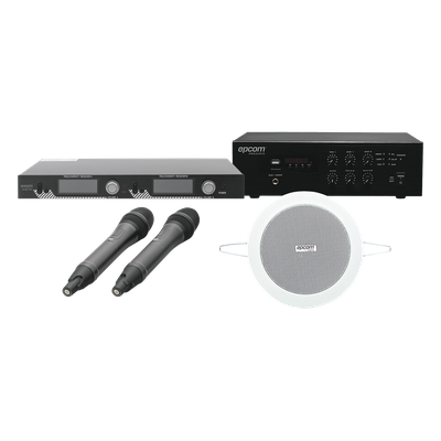Kit de Audio para Conferencias / Amplificador 240W / 2 Micrófonos Inalámbricos 200 Canales / 4 Altavoces Empotrados 4in / 70V/100V / | SIERRA STORE