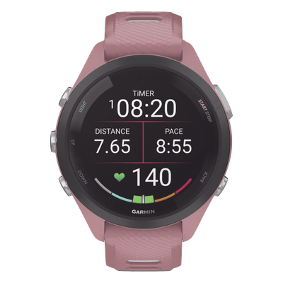 Forerunner® 265S, Bisel negro con carcasa en rosa y correa de silicona en rosa/gris | SIERRA STORE