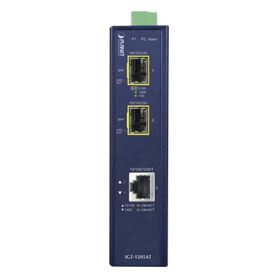 Convertidor de Medios Industrial / 1x Ethernet 10/100/1000 Base-T / 2x SFP 100/1000/2500 Base-X / -40 a 75°C / 12-48V DC | SIERRA STORE