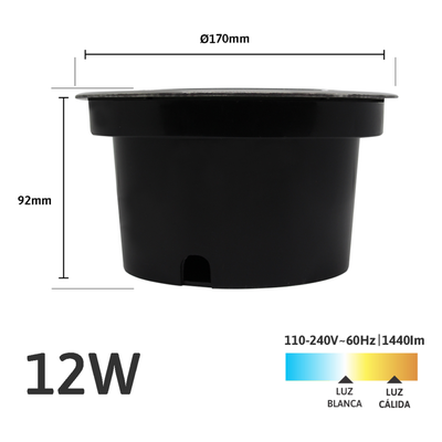 Luminario Empotrar en Piso / IP66 Exterior / Multivoltaje 110-240V~ / 6500K / Ángulo 36° / Aluminio y Vidrio Templado / 12W | SIERRA STORE