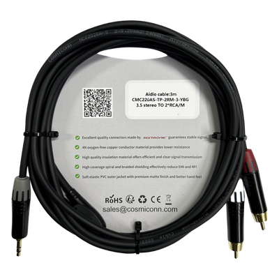 Cable Audio 3.5mm a 2 RCA / 3m (9.8ft) / Conectores Negros / Diferenciadores Rojo y Blanco / Nylon Trenzado / Cobre OFC | SIERRA STORE