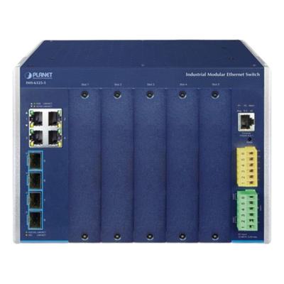 Switch Modular Industrial Capa 3 / 5 Slots / 4 Puertos Gigabit RJ45 / 4 Puertos SFP+ 10G / Rango -40~75°C / Entrada 12-48V / IPv6/IPv4 | SIERRA STORE
