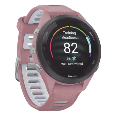 Forerunner® 265S, Bisel negro con carcasa en rosa y correa de silicona en rosa/gris | SIERRA STORE