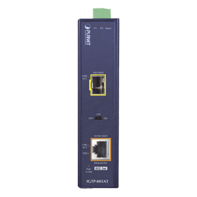 Convertidor de Medios PoE Industrial / SFP 1000BASE-X a RJ45 Gigabit / PoE+ 802.3at 30W / -40 a 75°C / IP30 / 12-48V CC o 24V CA | SIERRA STORE