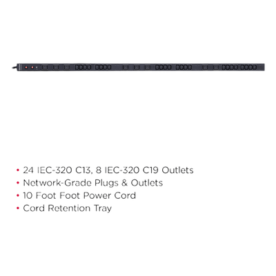 PDU Básico / 30 Amp / 200-230 Vca / 24 Tomas C13 + 8 C19 / NEMA L6-30P / Instalación Vertical / Cable 3 m (9.8 ft) | SIERRA STORE