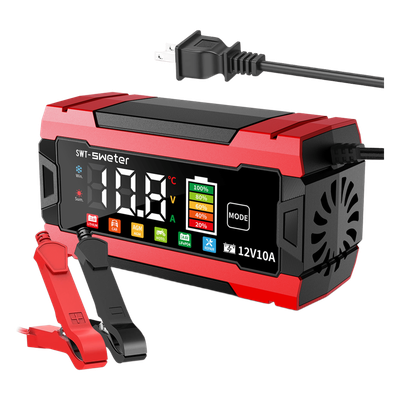 Cargador Inteligente Automático 3 Etapas / 12V 10A / Para Motocicleta, Auto, ATV / Baterías AGM, GEL, SLA, WET, DEEP CYCLE, Litio | SIERRA STORE