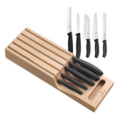 Portacuchillos de Cajón / Madera de Haya Suiza / 5 Cuchillos / Polipropileno Negro / 435 x 148 x 65 mm | SIERRA STORE
