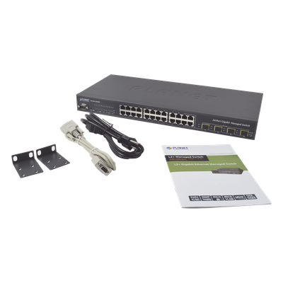 Switch Administrable L2+ / 24 Puertos Gigabit / 4 Puertos Combo SFP / Enrutamiento Estático L3 / Doble Fuente de Alimentación | SIERRA STORE