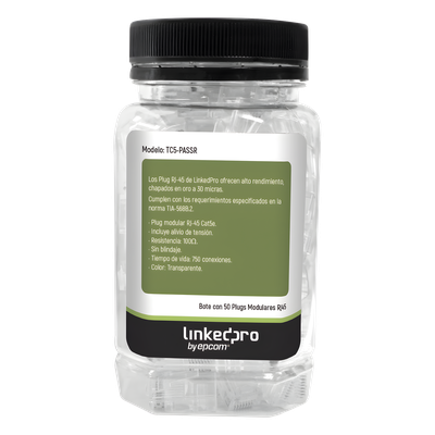 LINKEDPRO BY EPCOM TC5PASSR - Plugs Pass-Through RJ45 / Cat5e / Sin Blindaje / Alivio de Tensión Integrado / Chapado Oro 30 Micras / | SIERRA STORE