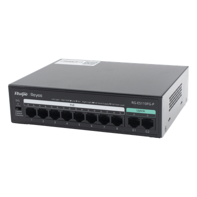 Switch PoE+ No Administrable / 8 Puertos PoE+ 10/100 / 2 Uplinks Gigabit / 110 W / Sin Ventilador / Protección 4 kV | SIERRA STORE