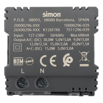 Módulo de Carga USB Doble / 30W PD+QuickCharge / USB-A + USB-C / 45x45 mm / Grafito | SIERRA STORE