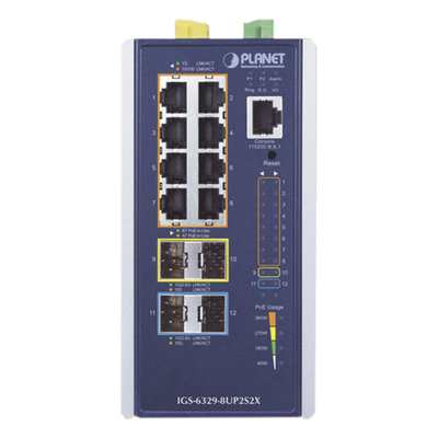 Switch Industrial Administrable Capa 3 / 8 Puertos PoE Gigabit 802.3bt / 2 Puertos SFP 1G/2.5G / 2 Puertos SFP 10G / IP30 / -40 a 75°C | SIERRA STORE