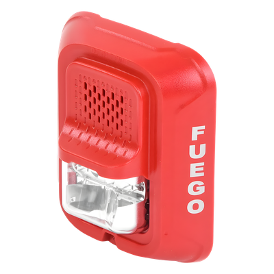 Sirena con estroboscopio / 2 hilos / 12-24 Vcd / candela 15 a 185 seleccionable / rojo con leyenda FUEGO / Serie L | SIERRA STORE
