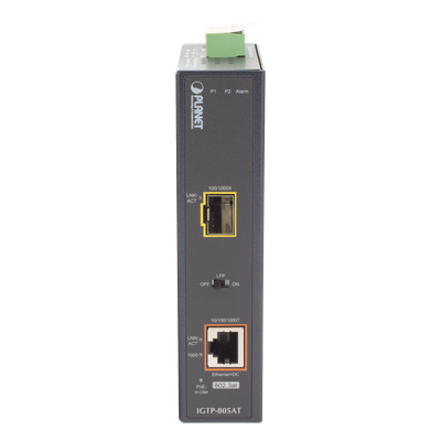 Convertidor de Medios PoE Industrial / SFP 1000BASE-X a RJ45 Gigabit / PoE+ 802.3at 30W / -40 a 75°C / IP30 / 12-48V CC o 24V CA | SIERRA STORE