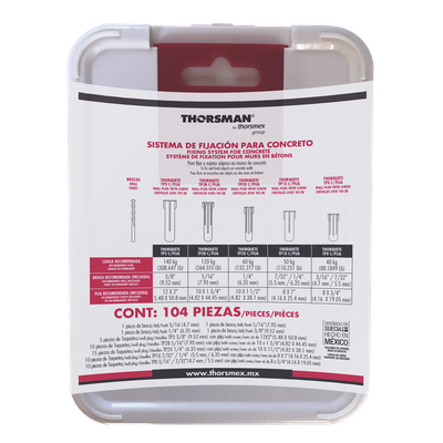 Kit de Fijación en Concreto / Doble Expansión 4 Direcciones / 104 Piezas / Guía Incluida / Anti-Giro | SIERRA STORE